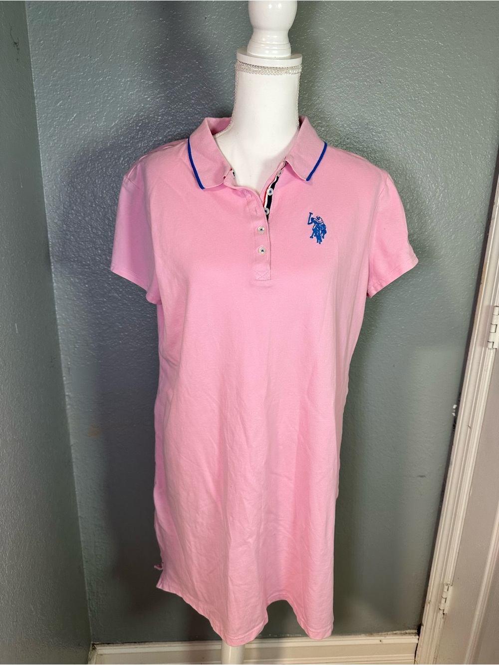 U.S. Polo Assn. Pink Polo Dress with Blue Logo Trim